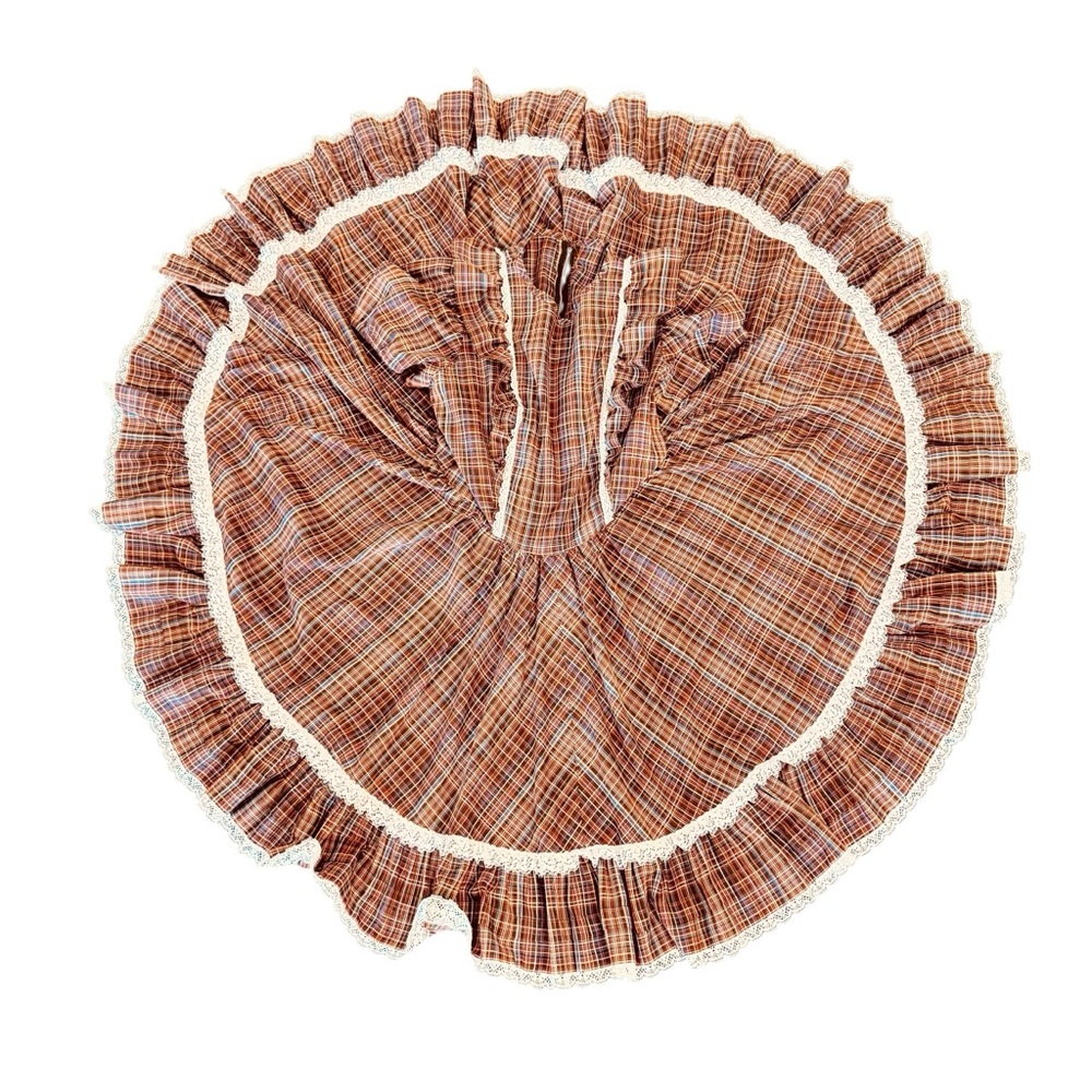 Vintage 70s Brown Plai Square Dance Full Circle Rockabilly Ruffle Dress M/L